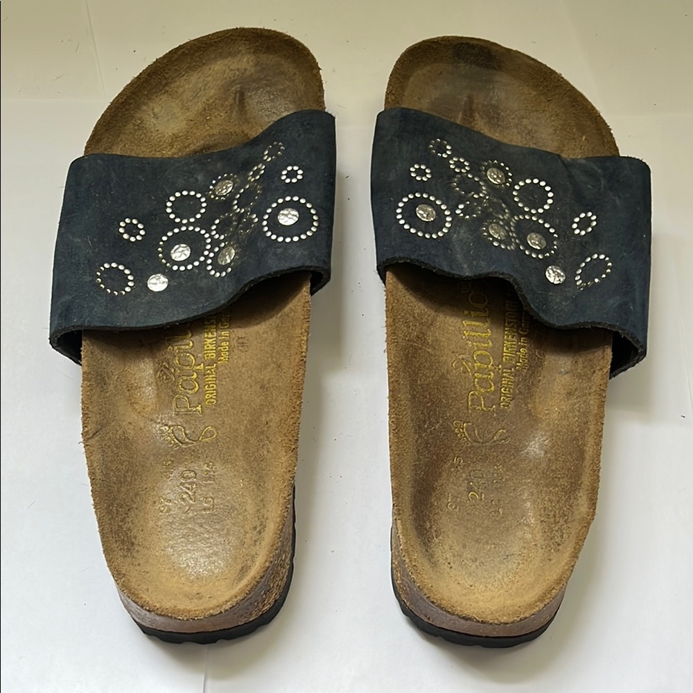 Papillio Birkenstock Black and Silver Sandals with Cork Footbed